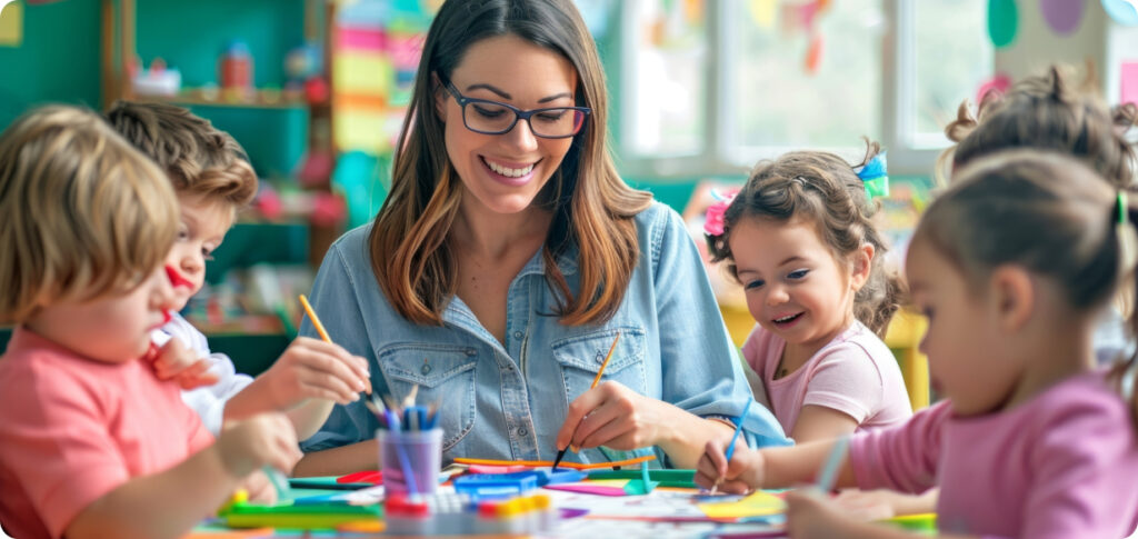 Woman in glasses paints with a group of children in an Oklahoma classroom.