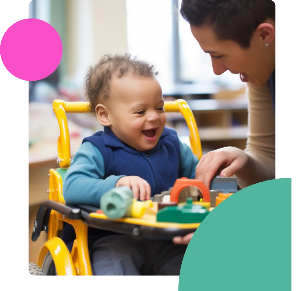 A Childcare Director engages with a small boy in a wheelchair.